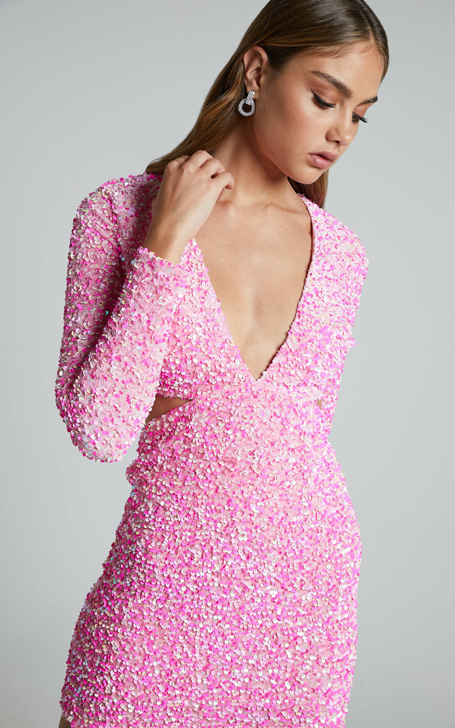 long sleeve pink sequin dress